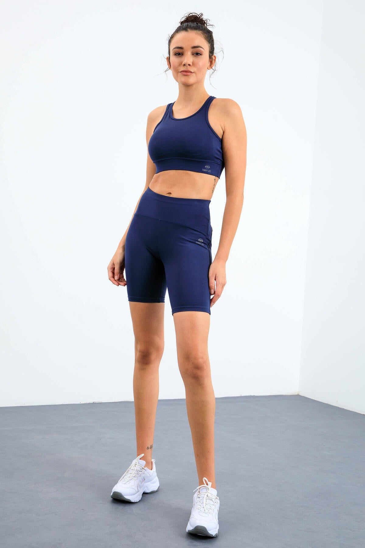 İndigo Yüksek Bel Toparlayıcı Slim Fit Büstiyer Biker Kadın Tayt Takım - 95303