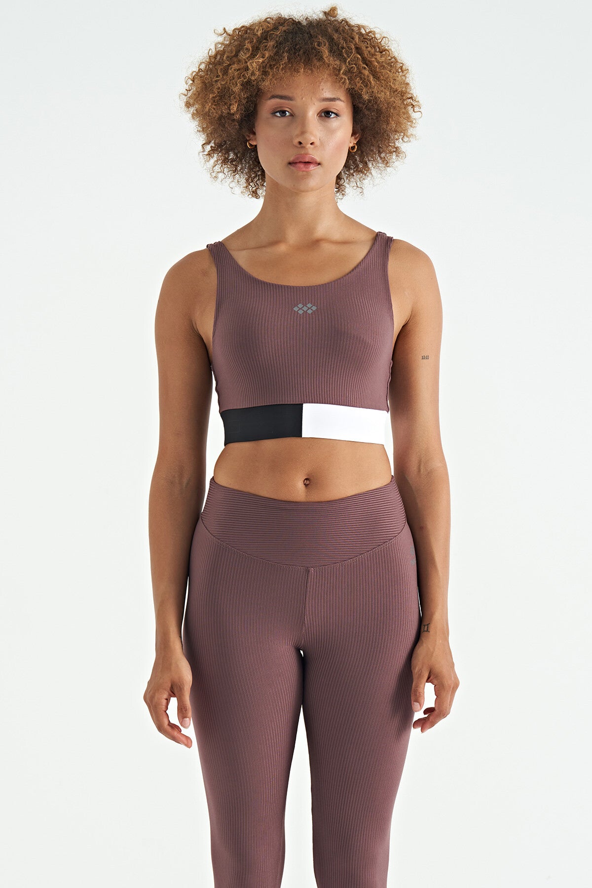 Kahverengi Renk Bloklu Logo Baskılı Dar Kalıp Fitilli Kadın Büstiyer - 97275