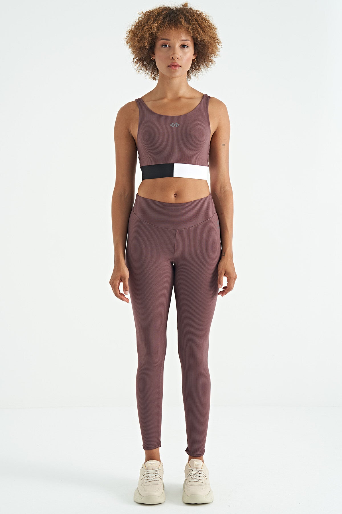 Kahverengi Renk Bloklu Logo Baskılı Dar Kalıp Fitilli Kadın Büstiyer - 97275