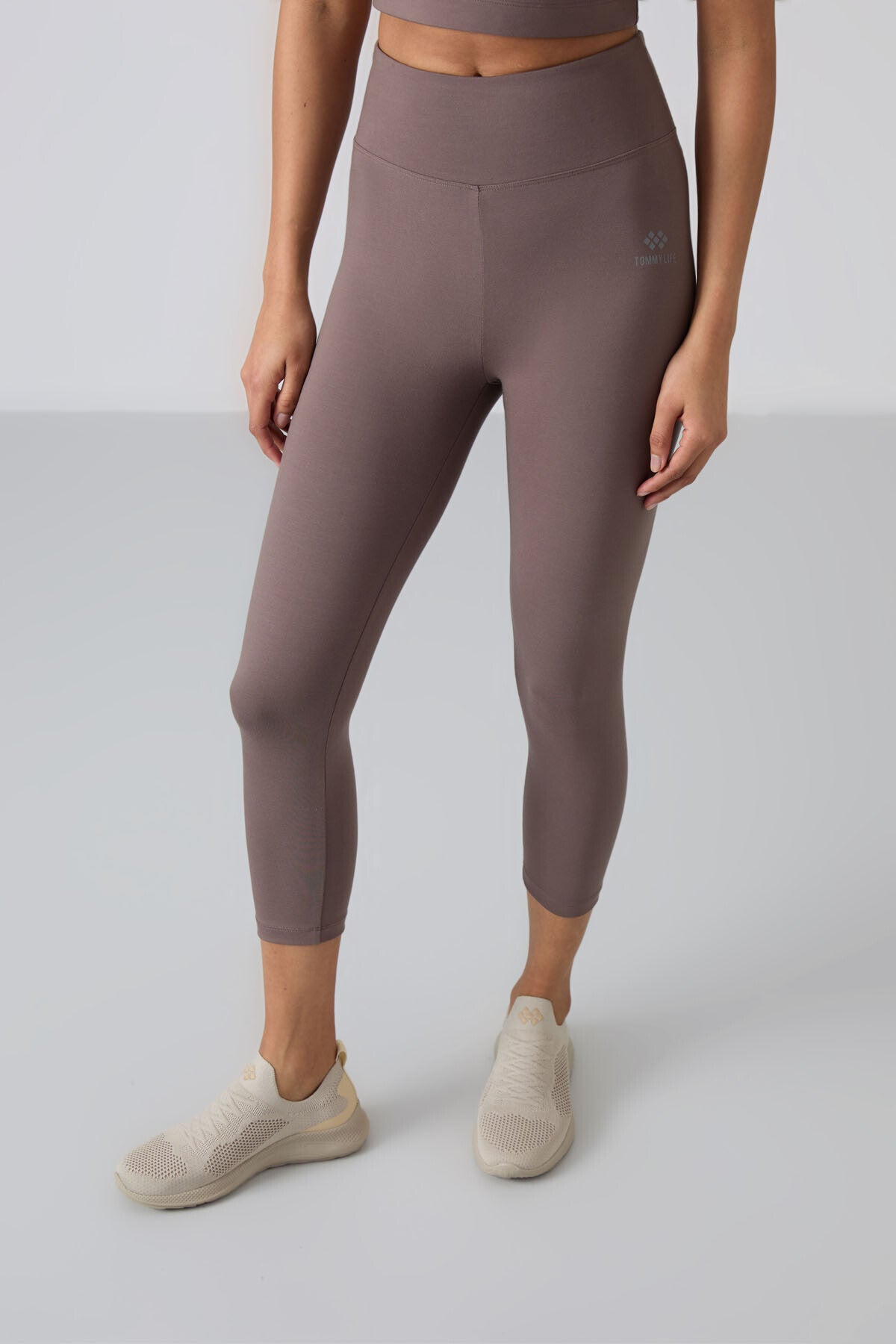 Kahverengi Yüksek Bel Kapri-Crop T-Shirt Slim Fit Kadın Tayt Takım - 95285