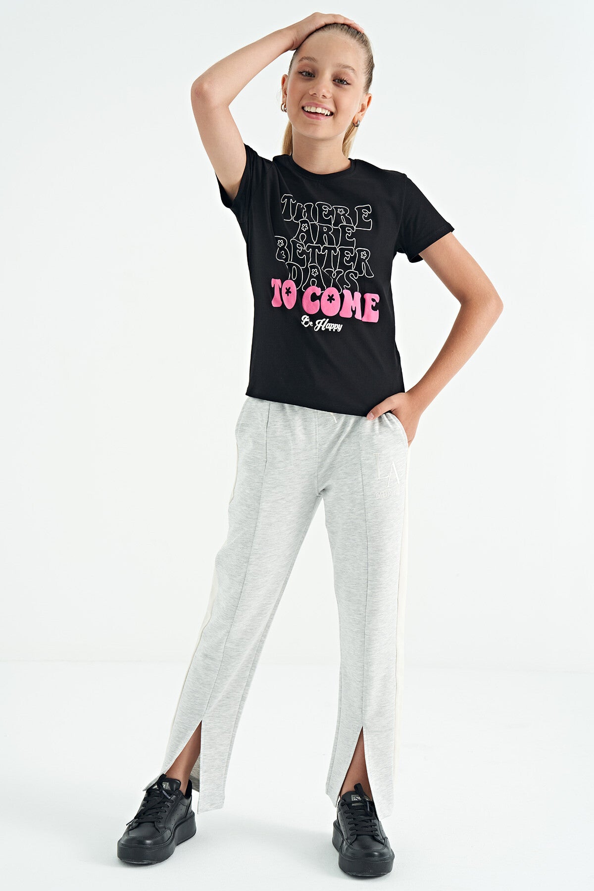 Kar Melanj Yazı Nakış Detaylı Bağcıklı Rahat Kalıp Kız Çocuk Eşofman Alt - 75121