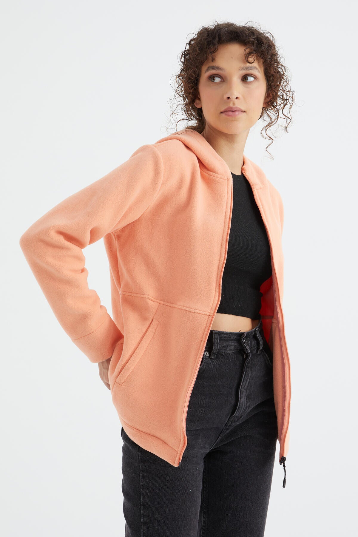 Kavun Içi Kapüşonlu Fermuarlı Rahat Form Kadın Polar Sweatshirt - 97233