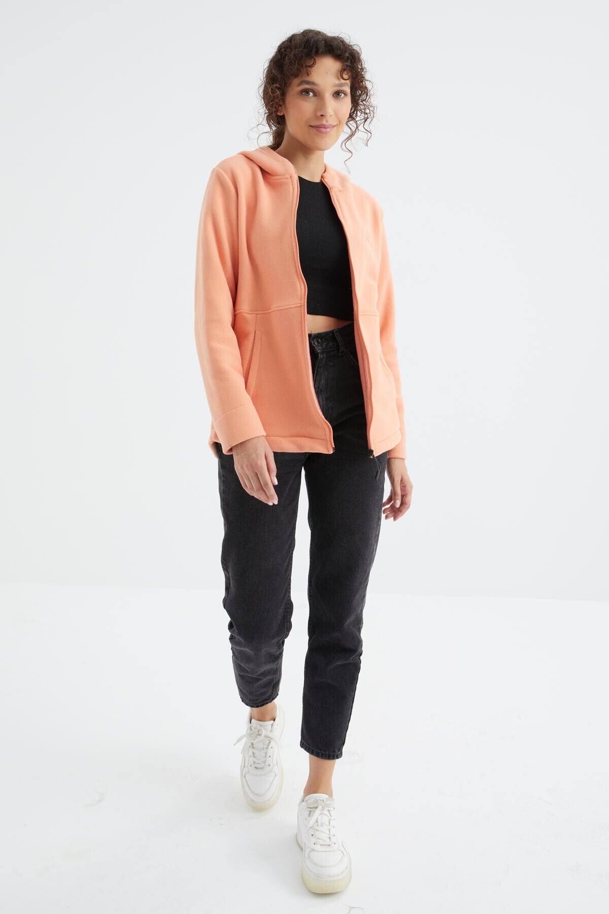 Kavun Içi Kapüşonlu Fermuarlı Rahat Form Kadın Polar Sweatshirt - 97233