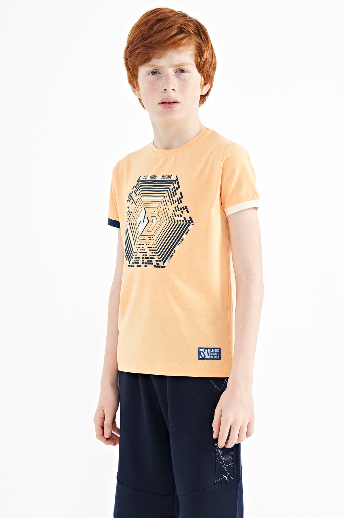 Kavun Içi Kol Ucu Renkli Detaylı Baskılı Standart Kalıp Erkek Çocuk T-Shirt - 11156