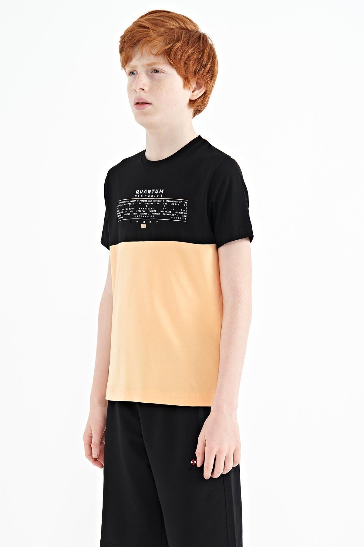 Kavun Içi Yazı Baskılı Renk Bloklu Standart Kalıp O Yaka Erkek Çocuk T-Shirt - 11134