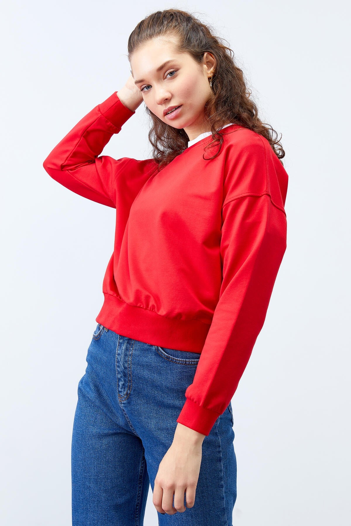 Kırmızı Basic Rahat Form O Yaka Kadın Sweatshirt - 97114