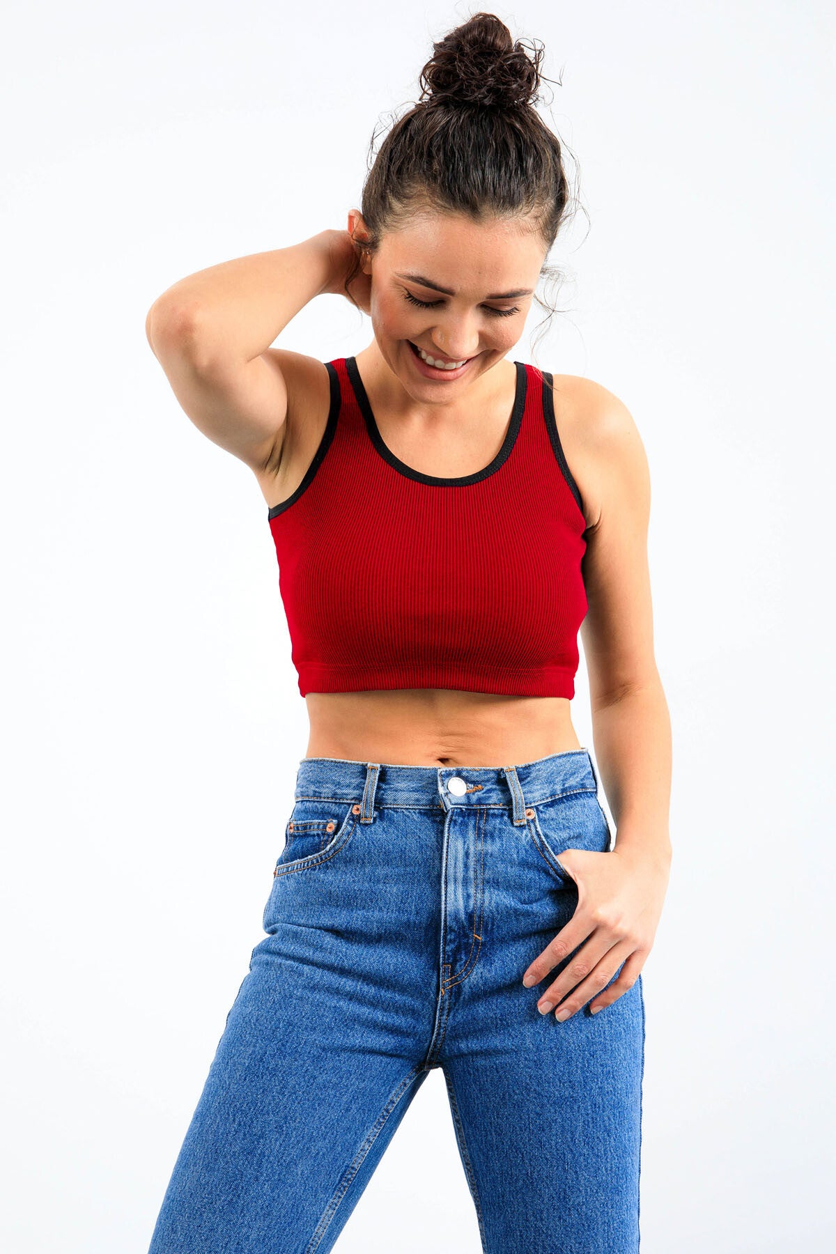 Kırmızı Basic Sıfır Kol Dar Kalıp U Yaka Kadın Crop Top Atlet - 97160