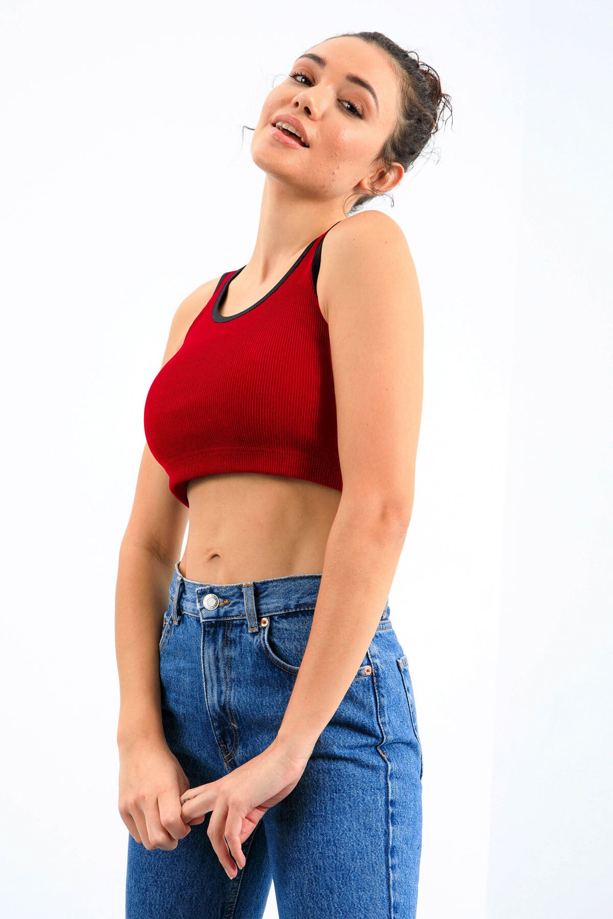 Kırmızı Basic Sıfır Kol Dar Kalıp U Yaka Kadın Crop Top Atlet - 97160