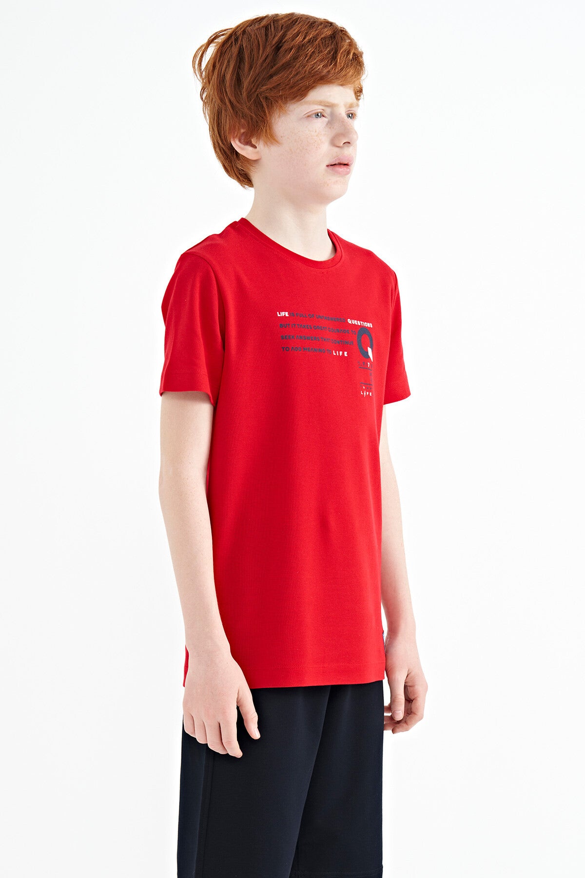 Kırmızı Baskı Detaylı O Yaka Standart Kalıp Erkek Çocuk T-Shirt - 11145