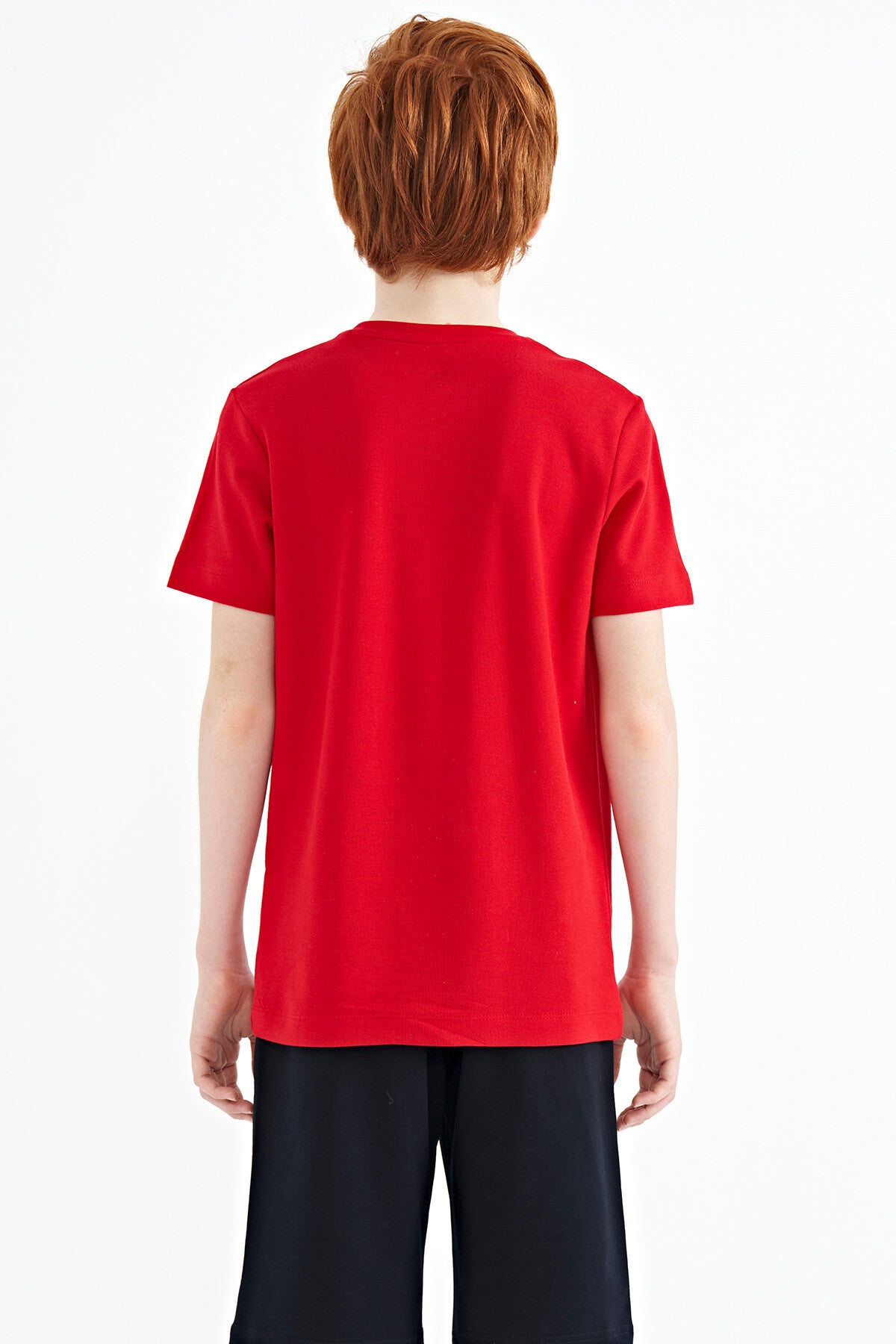 Kırmızı Baskı Detaylı O Yaka Standart Kalıp Erkek Çocuk T-Shirt - 11145