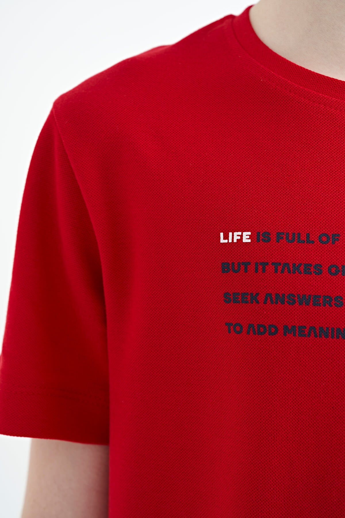 Kırmızı Baskı Detaylı O Yaka Standart Kalıp Erkek Çocuk T-Shirt - 11145