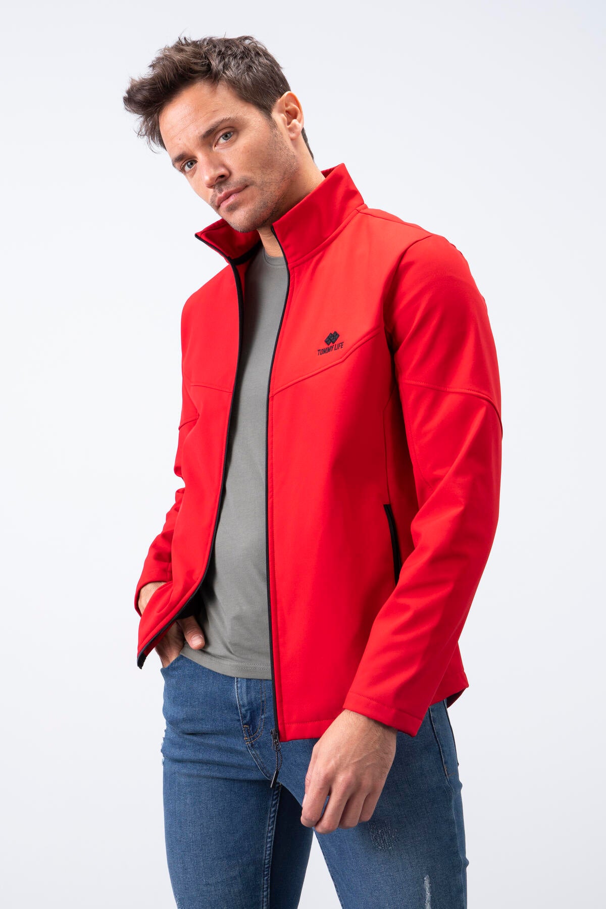 Kırmızı Fermuarlı Dik Yaka Su ve Rüzgar Geçirmez Softshell Erkek Mont - 88050