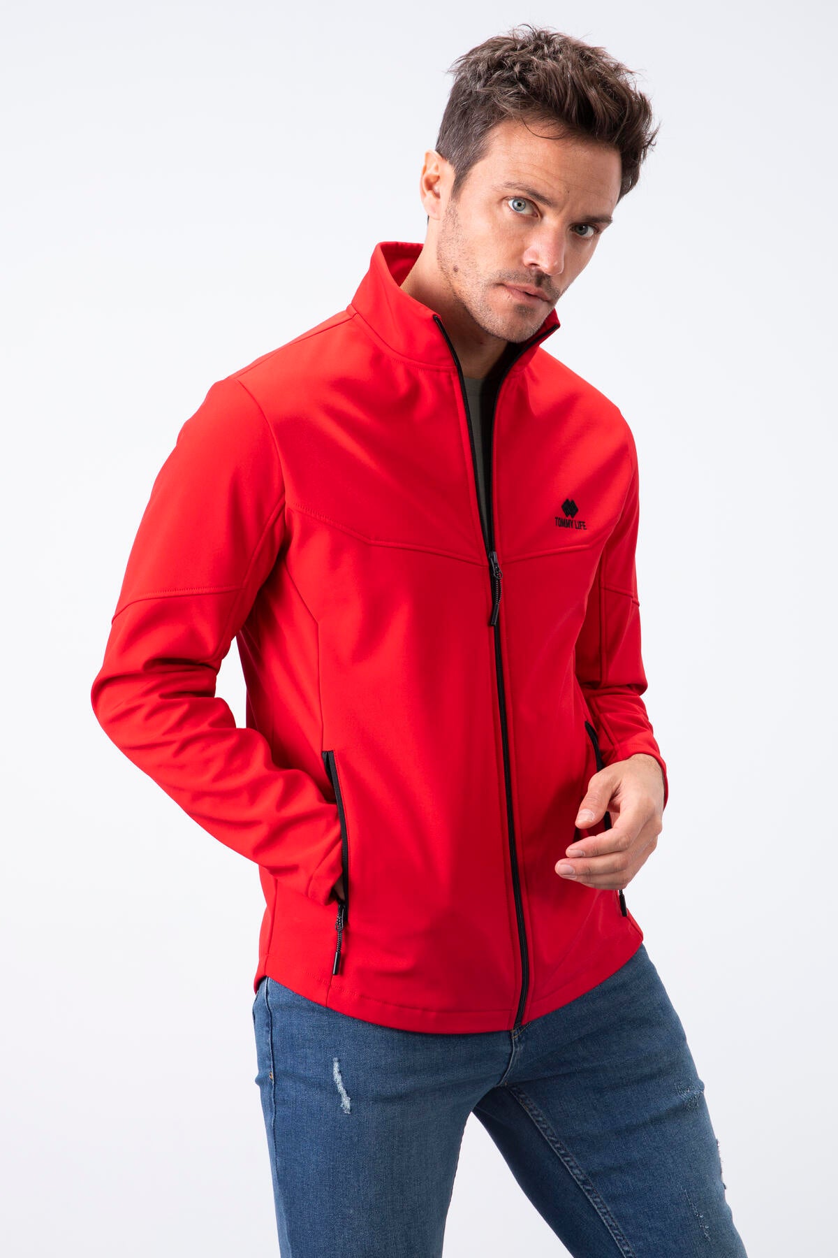 Kırmızı Fermuarlı Dik Yaka Su ve Rüzgar Geçirmez Softshell Erkek Mont - 88050