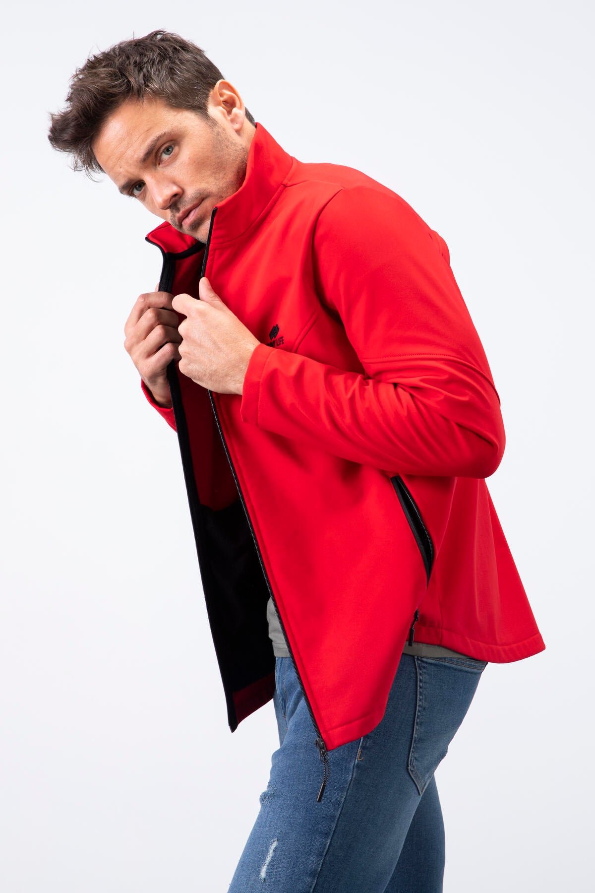 Kırmızı Fermuarlı Dik Yaka Su ve Rüzgar Geçirmez Softshell Erkek Mont - 88050