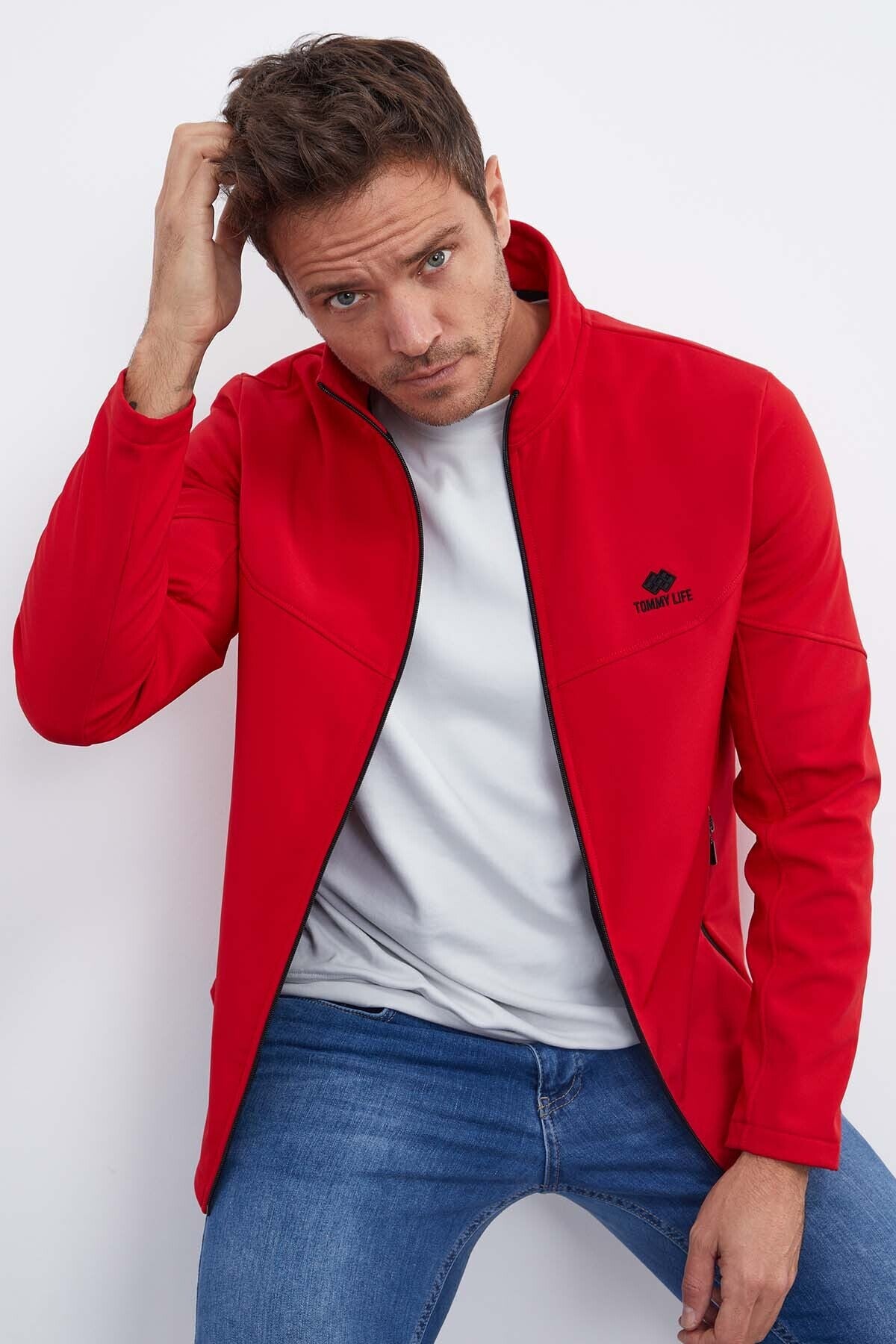 Kırmızı Fermuarlı Dik Yaka Su ve Rüzgar Geçirmez Softshell Erkek Mont - 88050