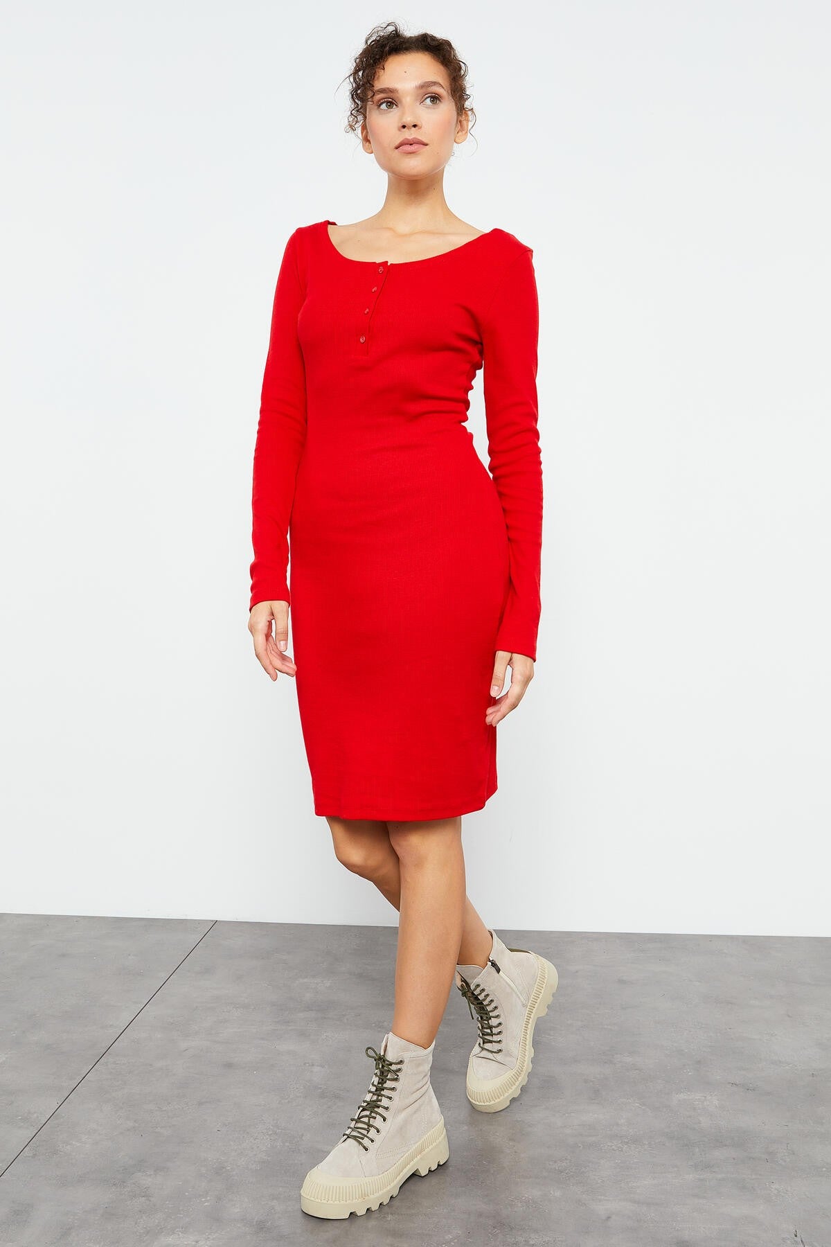 Kırmızı Kaşkorse Triko Dar Kalıp Patlı Yaka Kadın Elbise - 97116