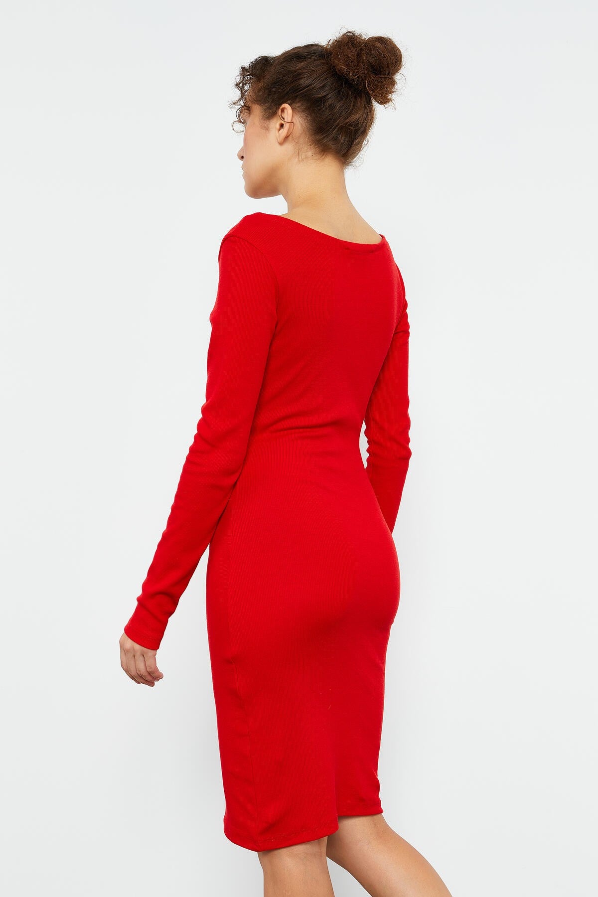 Kırmızı Kaşkorse Triko Dar Kalıp Patlı Yaka Kadın Elbise - 97116