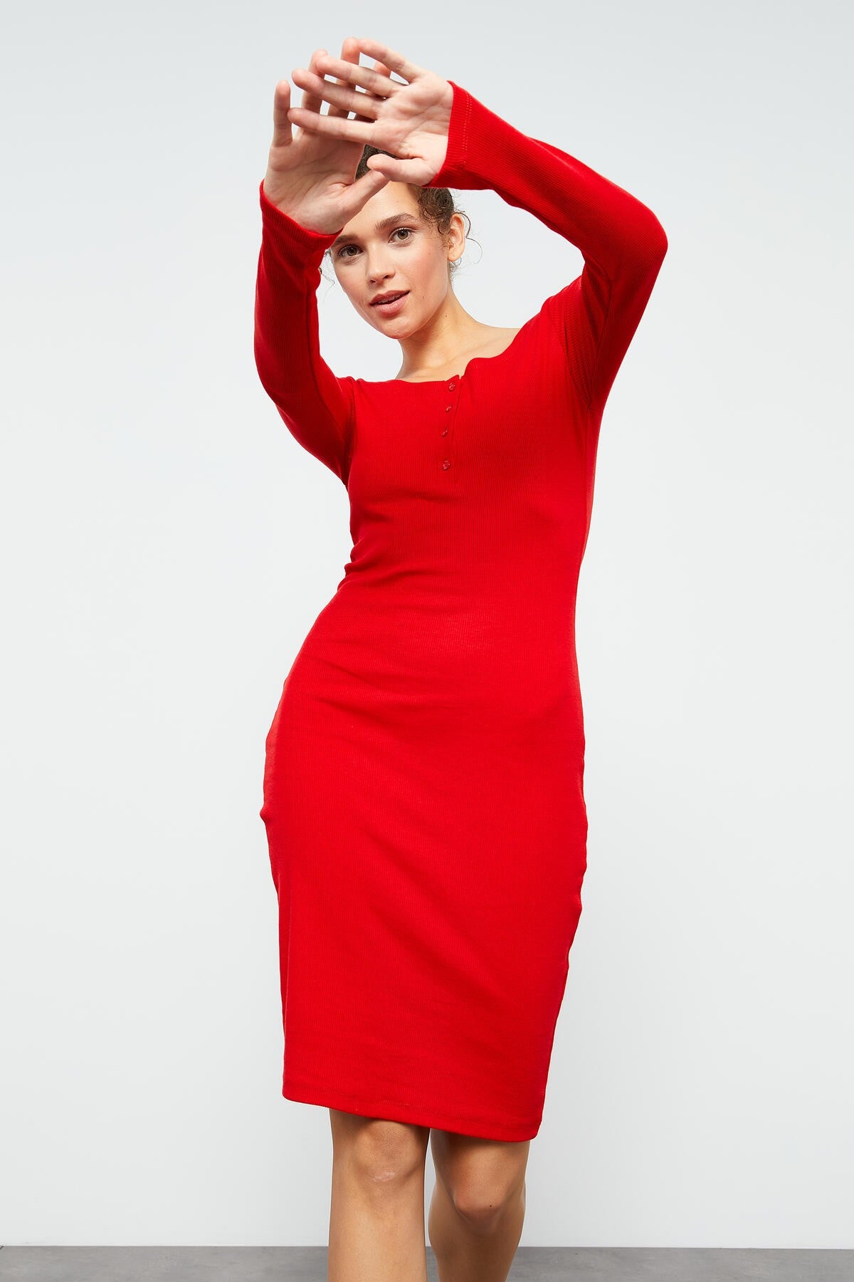 Kırmızı Kaşkorse Triko Dar Kalıp Patlı Yaka Kadın Elbise - 97116