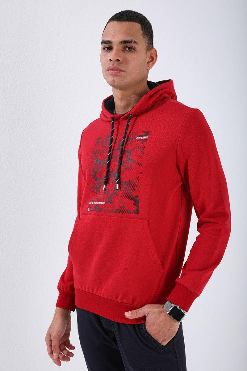 Kırmızı Kamuflaj Desen Baskılı Standart Kalıp Kapüşonlu Erkek Sweatshirt - 87884
