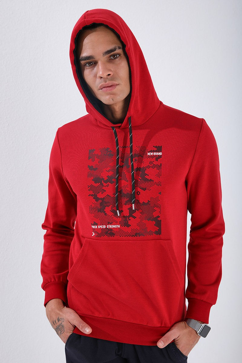 Kırmızı Kamuflaj Desen Baskılı Standart Kalıp Kapüşonlu Erkek Sweatshirt - 87884