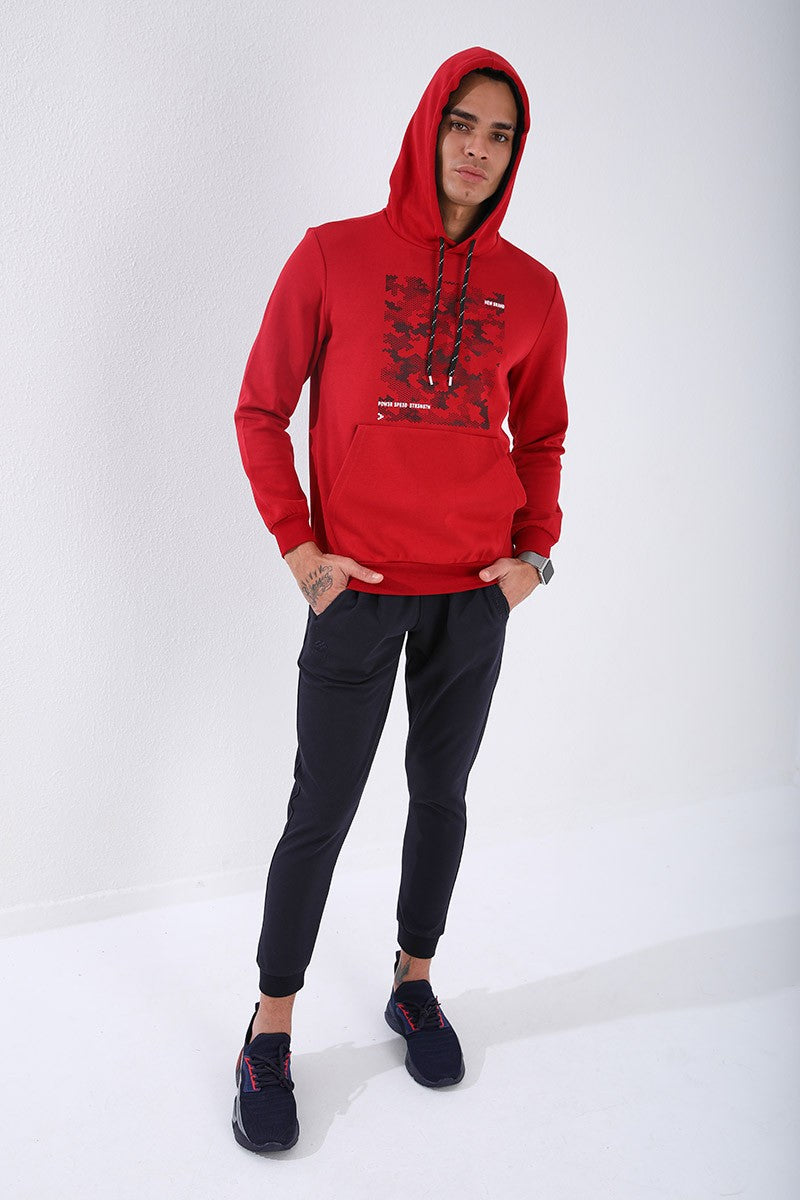 Kırmızı Kamuflaj Desen Baskılı Standart Kalıp Kapüşonlu Erkek Sweatshirt - 87884