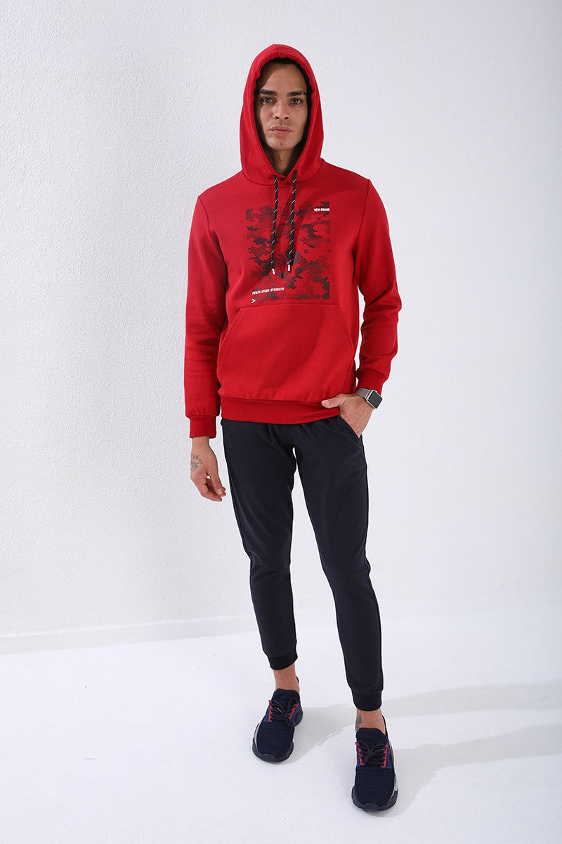 Kırmızı Kamuflaj Desen Baskılı Standart Kalıp Kapüşonlu Erkek Sweatshirt - 87884