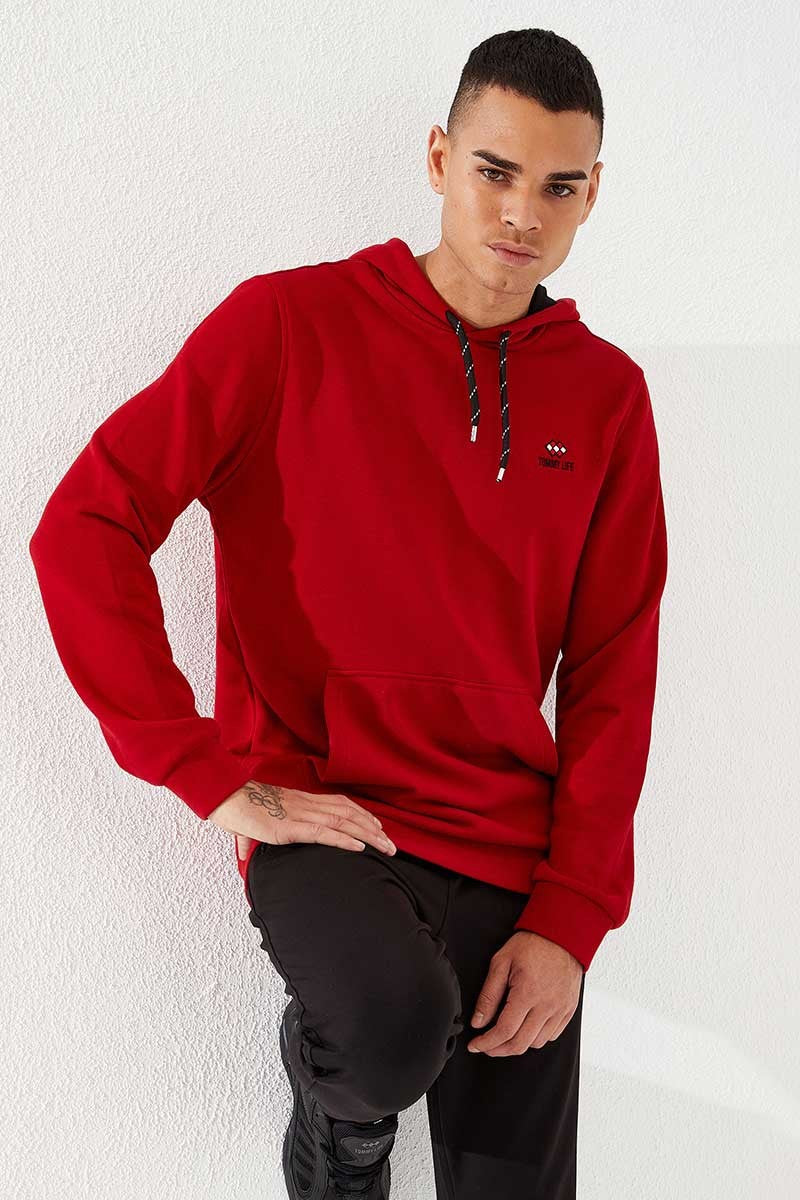 Kırmızı Kanguru Cep Standart Kalıp Kapüşonlu Erkek Sweatshirt - 87872