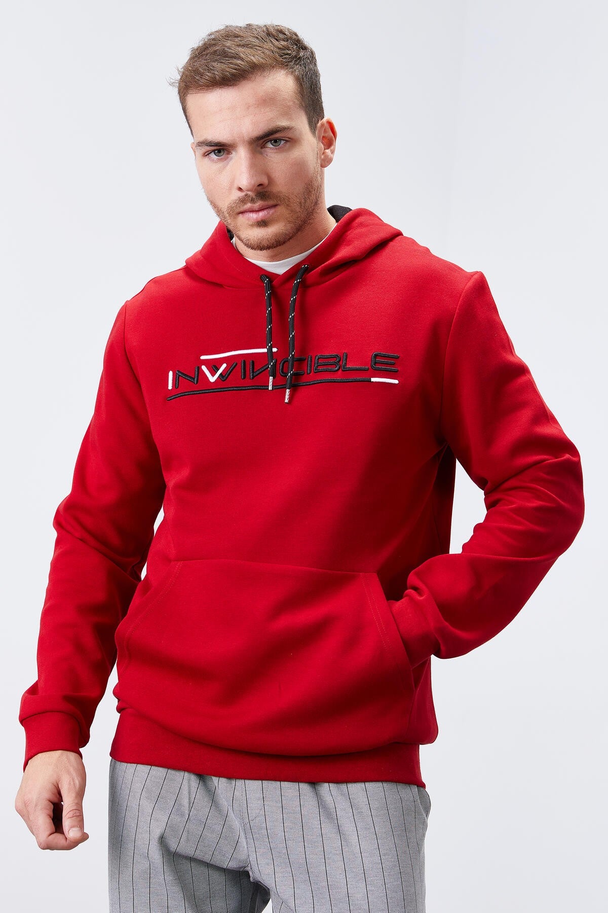 Kırmızı Kanguru Cep Standart Kalıp Kapüşonlu Erkek Sweatshirt - 87883