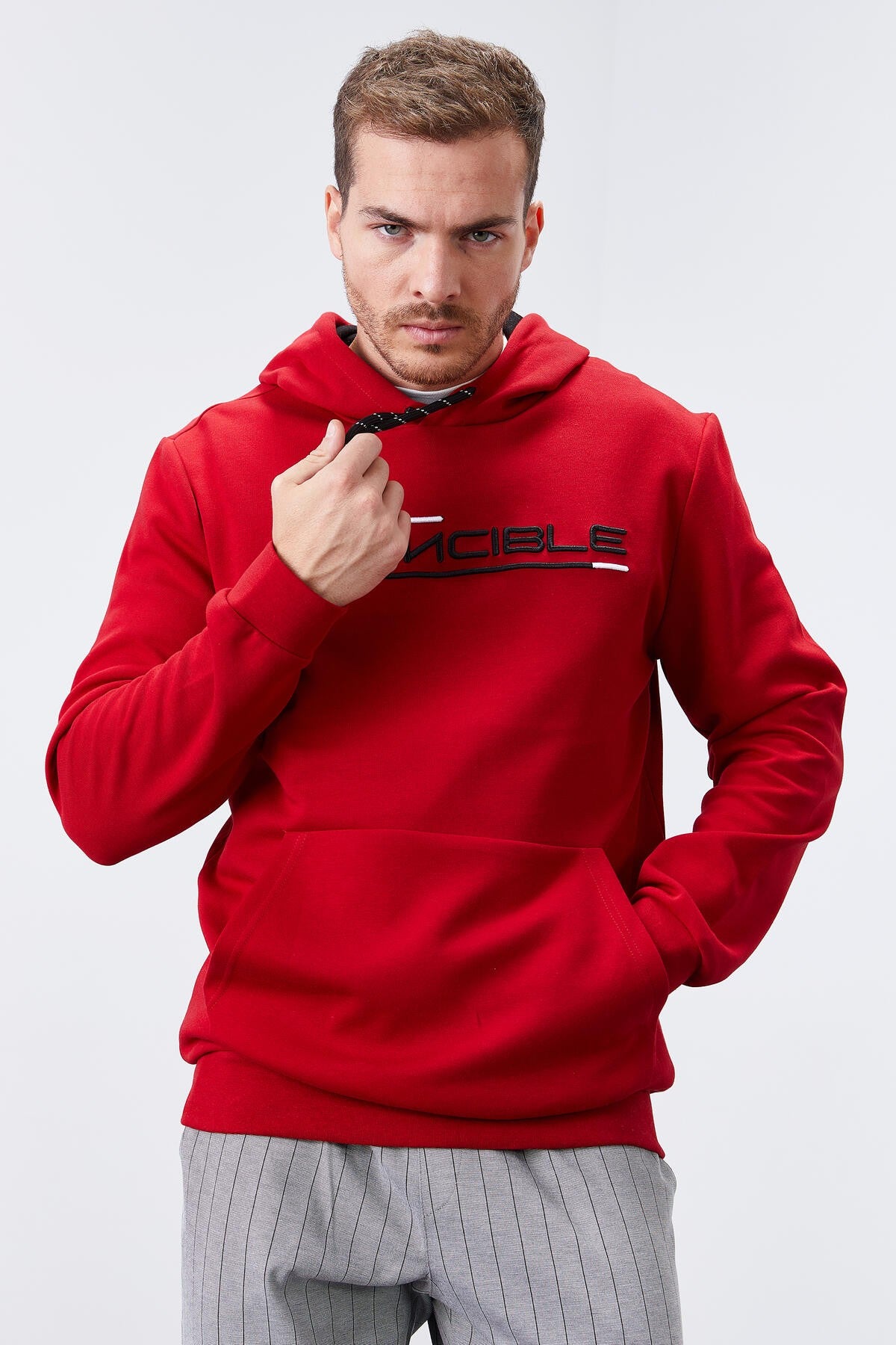 Kırmızı Kanguru Cep Standart Kalıp Kapüşonlu Erkek Sweatshirt - 87883