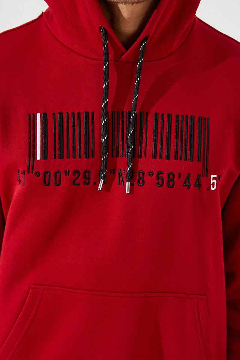 Kırmızı Nakışlı Kanguru Cep Standart Kalıp Kapüşonlu Erkek Sweatshirt - 87839