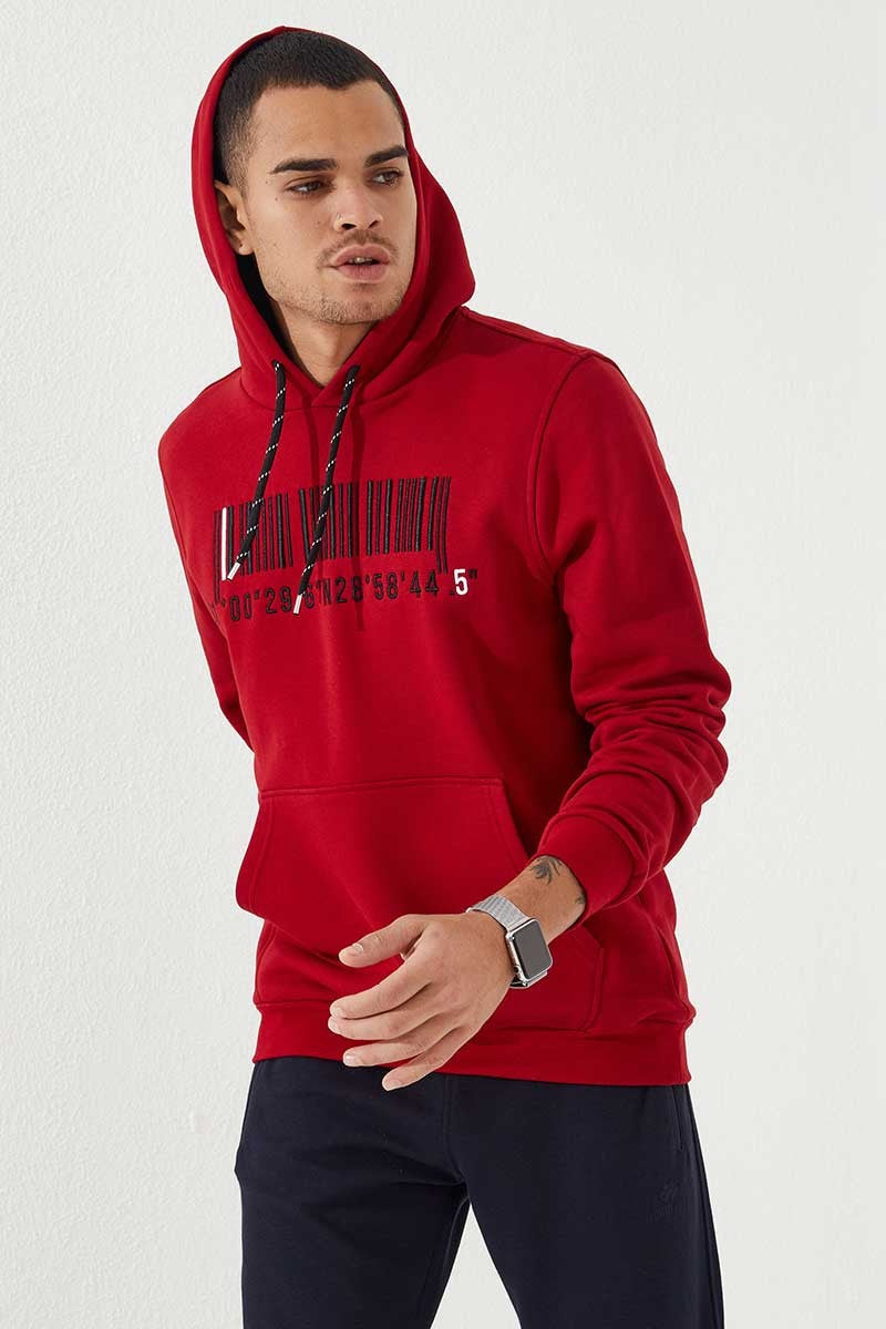 Kırmızı Nakışlı Kanguru Cep Standart Kalıp Kapüşonlu Erkek Sweatshirt - 87839