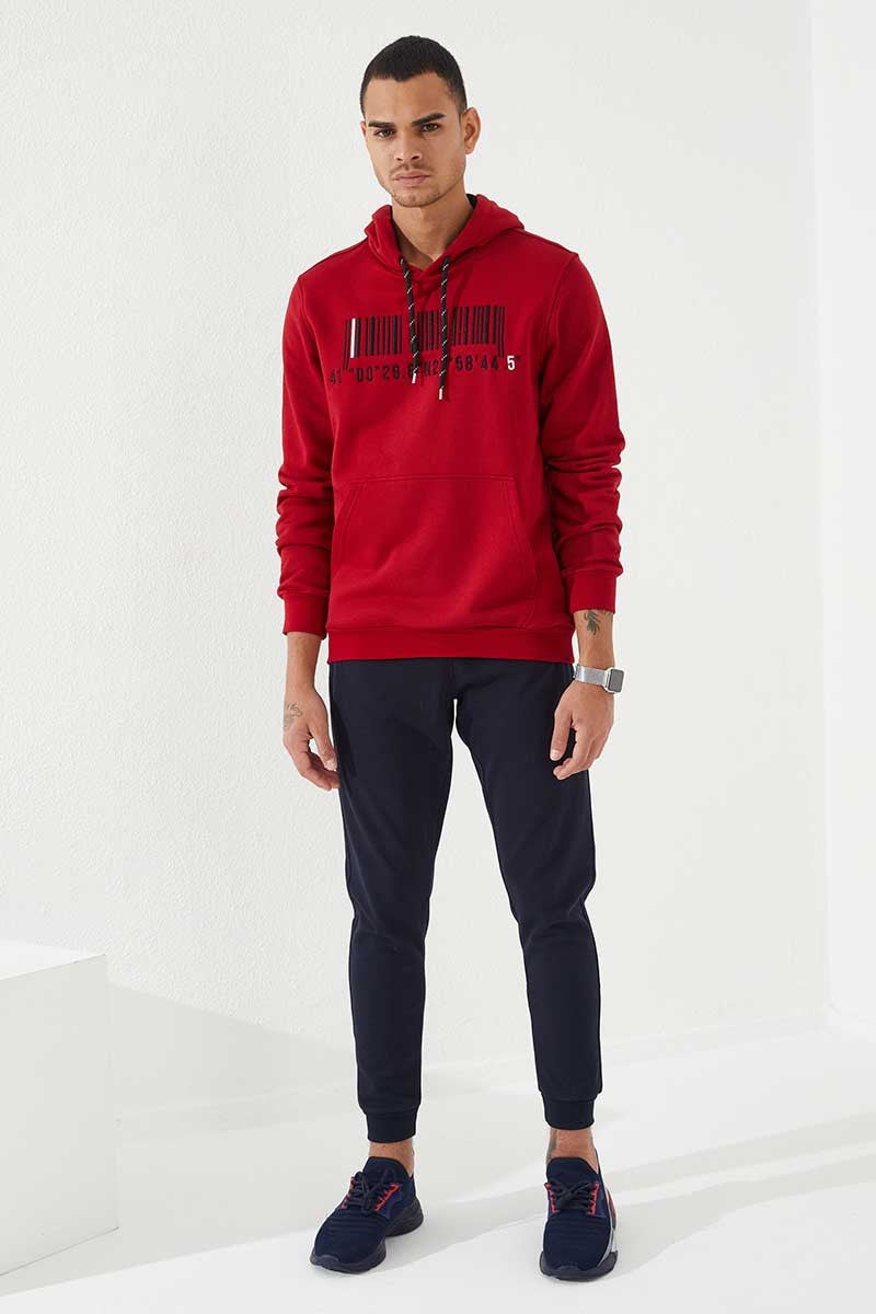 Kırmızı Nakışlı Kanguru Cep Standart Kalıp Kapüşonlu Erkek Sweatshirt - 87839