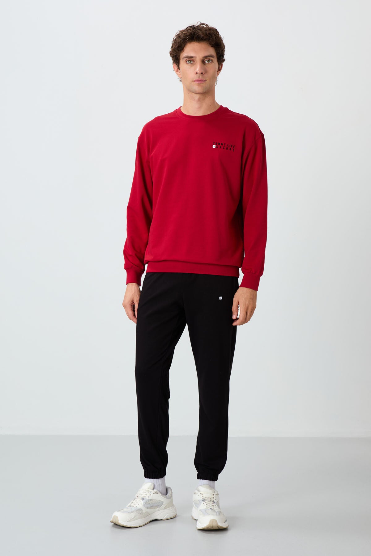 Kırmızı - Siyah Casual O Yaka Lastik Paça Pamuklu Erkek Oversize Eşofman Takımı - 85120