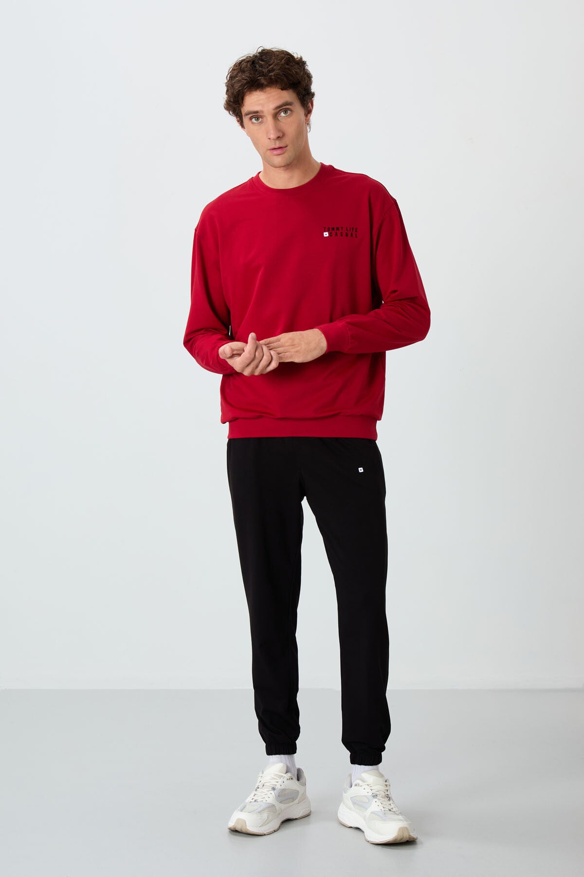 Kırmızı - Siyah Casual O Yaka Lastik Paça Pamuklu Erkek Oversize Eşofman Takımı - 85120