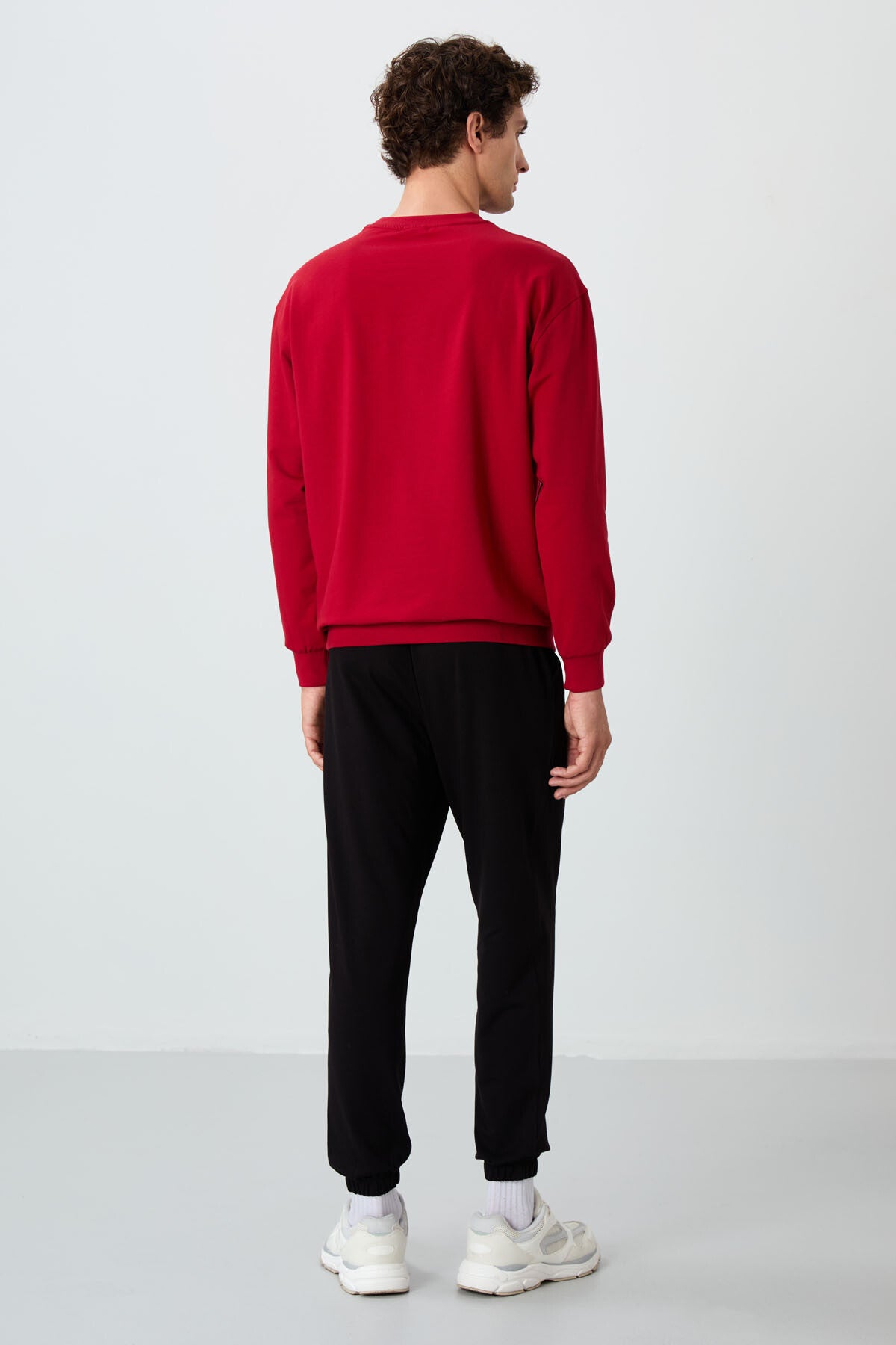 Kırmızı - Siyah Casual O Yaka Lastik Paça Pamuklu Erkek Oversize Eşofman Takımı - 85120