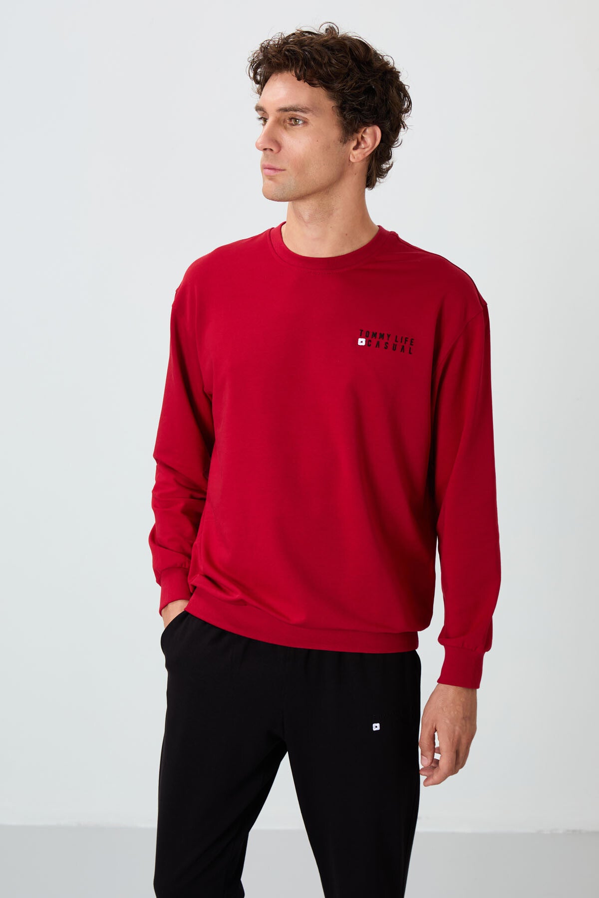 Kırmızı - Siyah Casual O Yaka Lastik Paça Pamuklu Erkek Oversize Eşofman Takımı - 85120