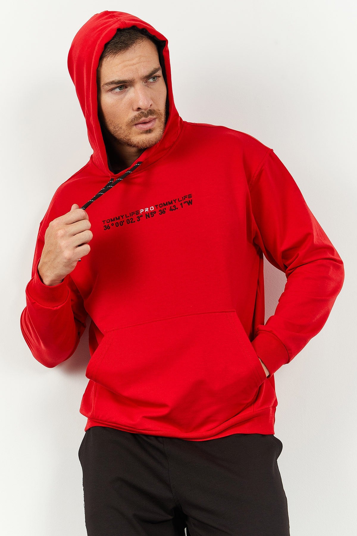 Kırmızı - Siyah Kapüşonlu Kanguru Cep Lastik Paça Erkek Oversize Eşofman Takımı - 85117