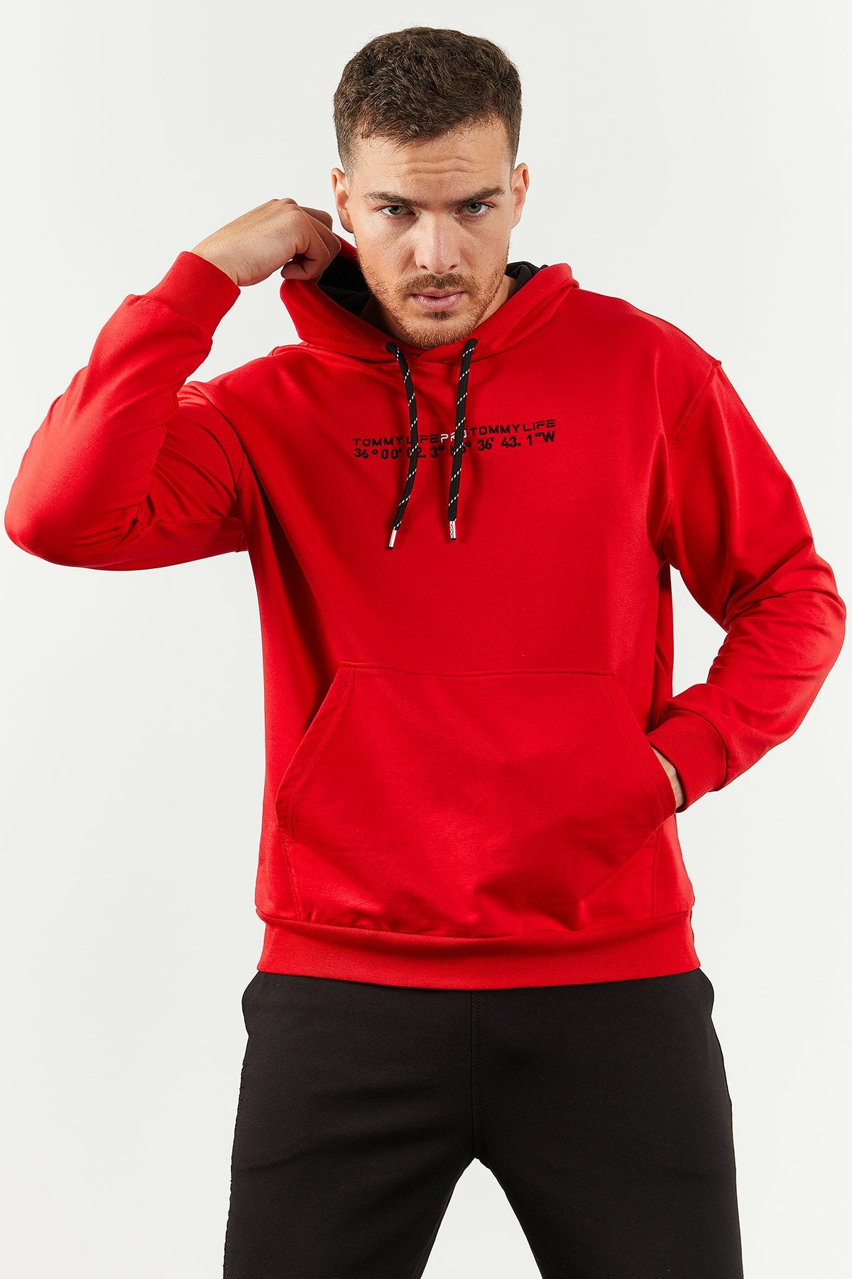 Kırmızı - Siyah Kapüşonlu Kanguru Cep Lastik Paça Erkek Oversize Eşofman Takımı - 85117