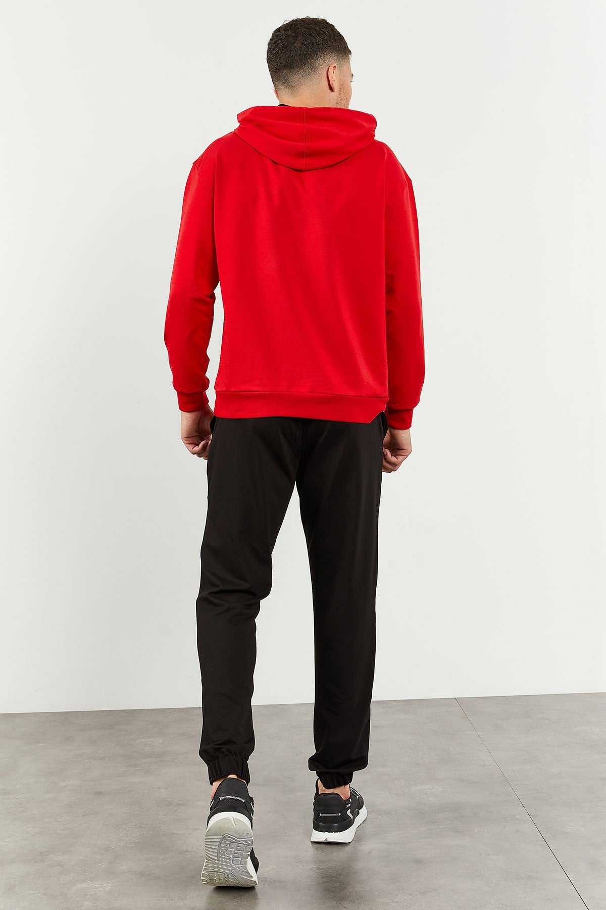 Kırmızı - Siyah Kapüşonlu Kanguru Cep Lastik Paça Erkek Oversize Eşofman Takımı - 85117