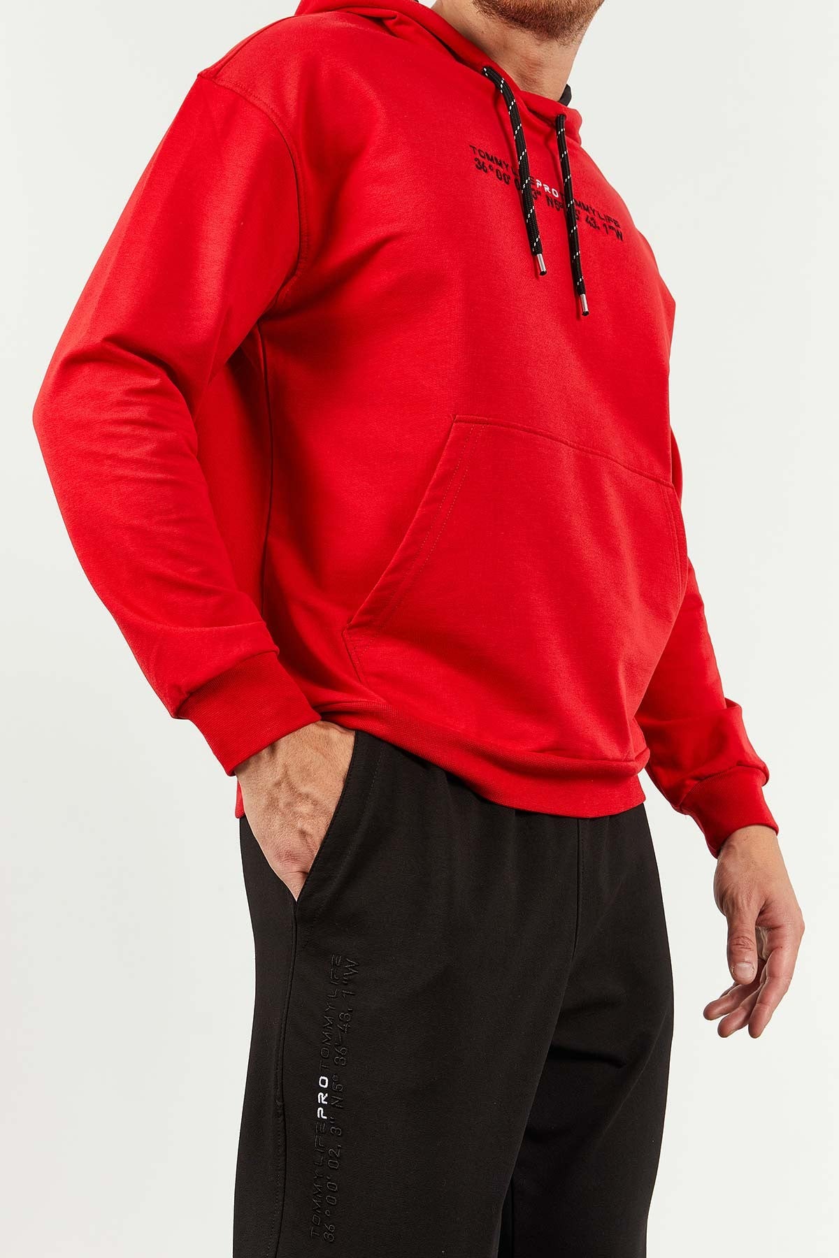 Kırmızı - Siyah Kapüşonlu Kanguru Cep Lastik Paça Erkek Oversize Eşofman Takımı - 85117