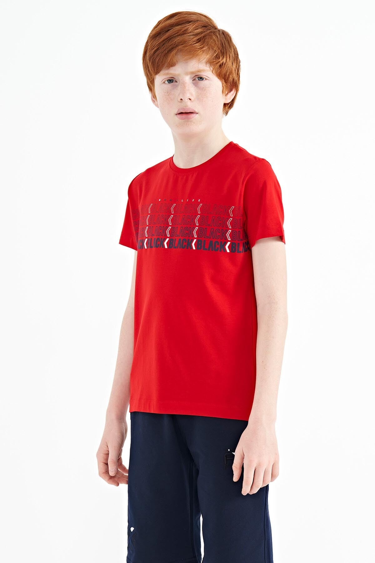Kırmızı Yazı Baskılı O Yaka Standart Kalıp Erkek Çocuk T-Shirt - 11149