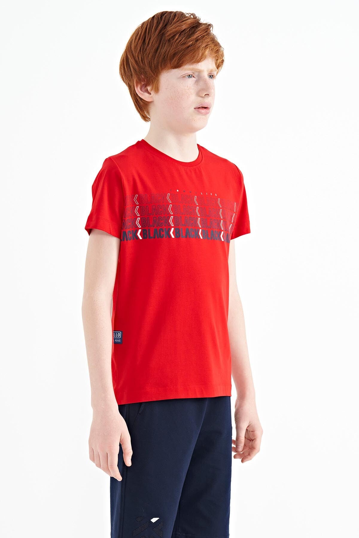 Kırmızı Yazı Baskılı O Yaka Standart Kalıp Erkek Çocuk T-Shirt - 11149