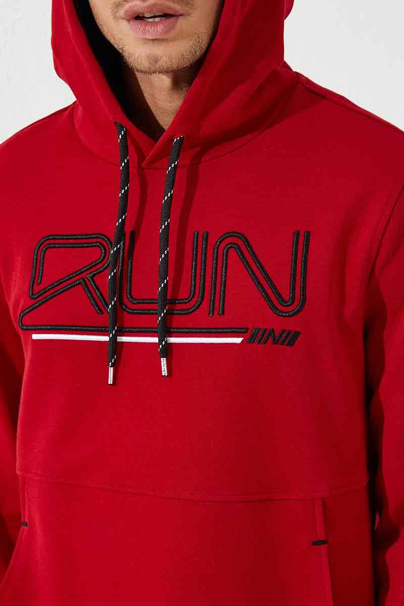 Kırmızı Yazı Nakışlı Standart Kalıp Kapüşonlu Erkek Sweatshirt - 87887