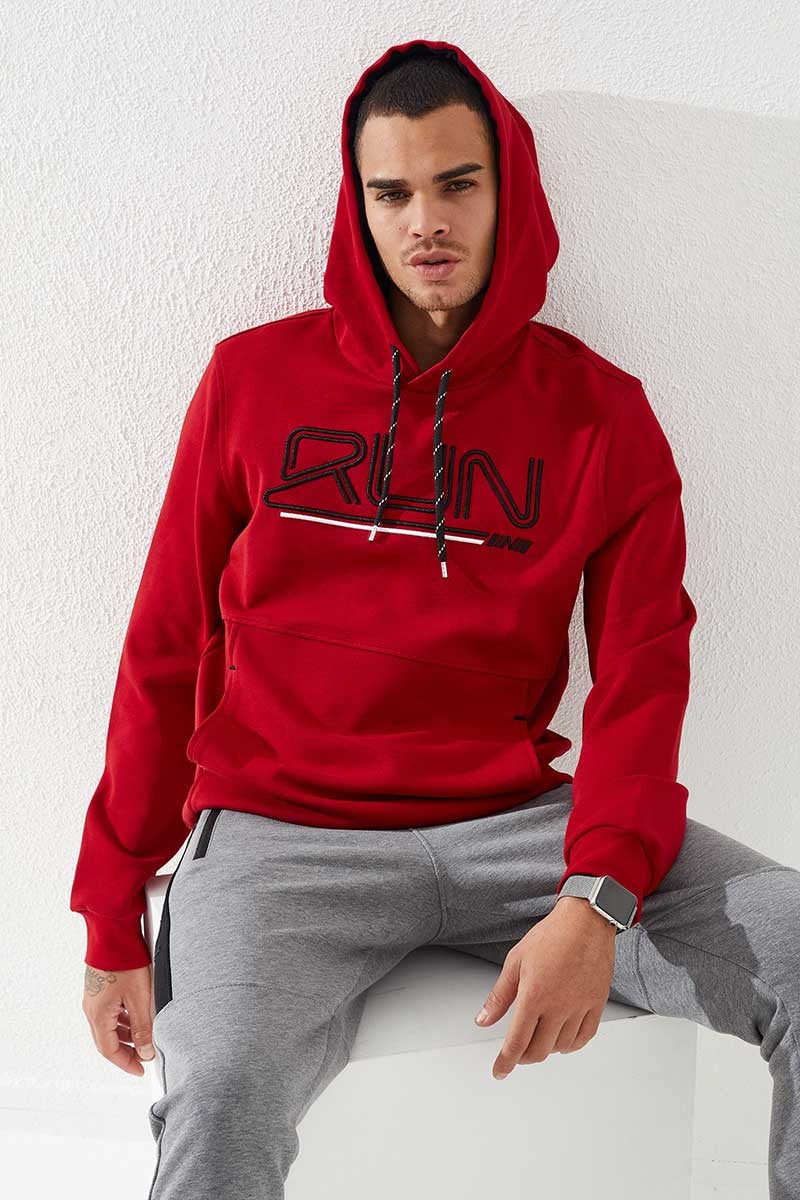 Kırmızı Yazı Nakışlı Standart Kalıp Kapüşonlu Erkek Sweatshirt - 87887