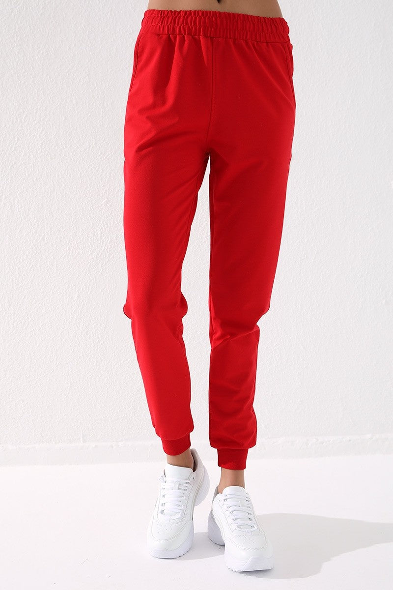 Kırmızı Yüksek Bel Jogger Rahat Form Manşetli Kadın Eşofman Alt - 94561
