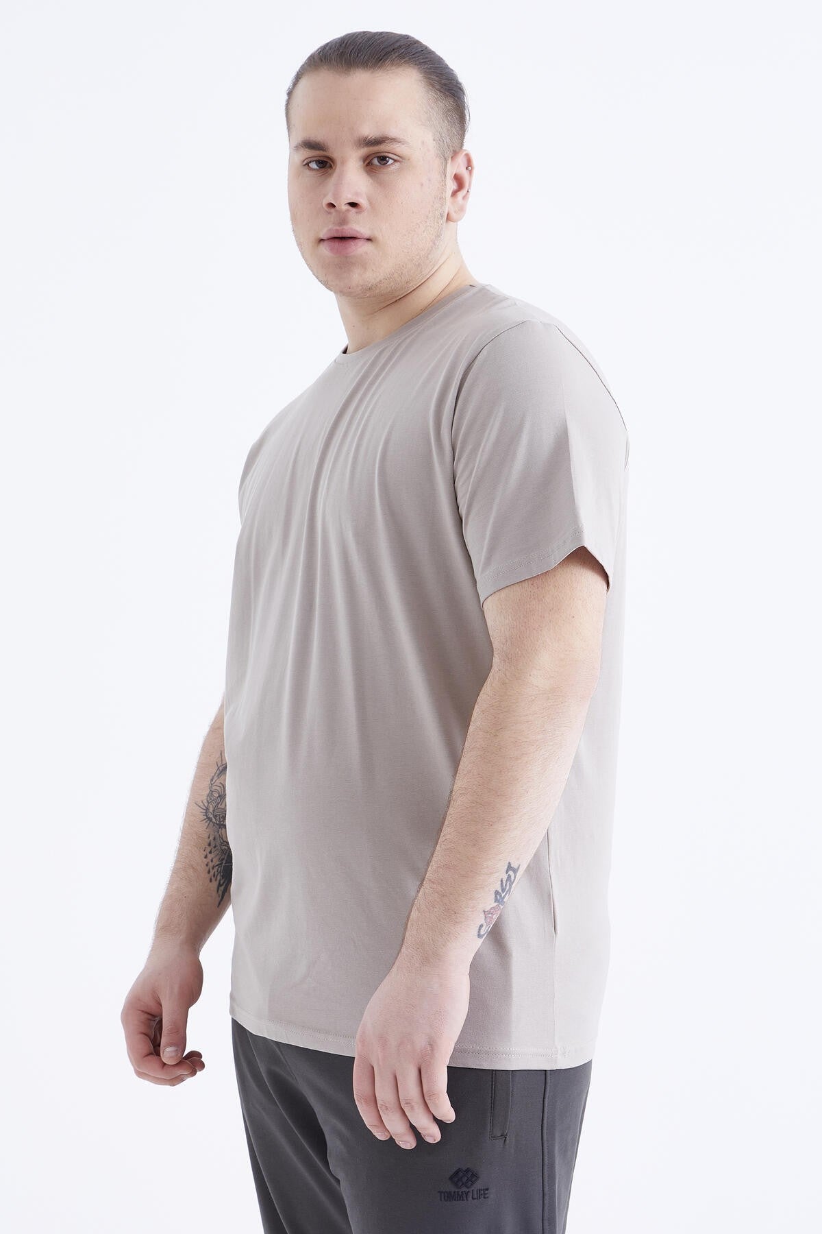 Koyu Bej Basic Kısa Kol O Yaka Büyük Beden Erkek T-Shirt - 88072