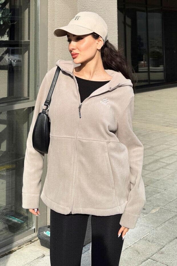 Koyu Bej Kapüşonlu Fermuarlı Rahat Form Kadın Polar Sweatshirt - 97233