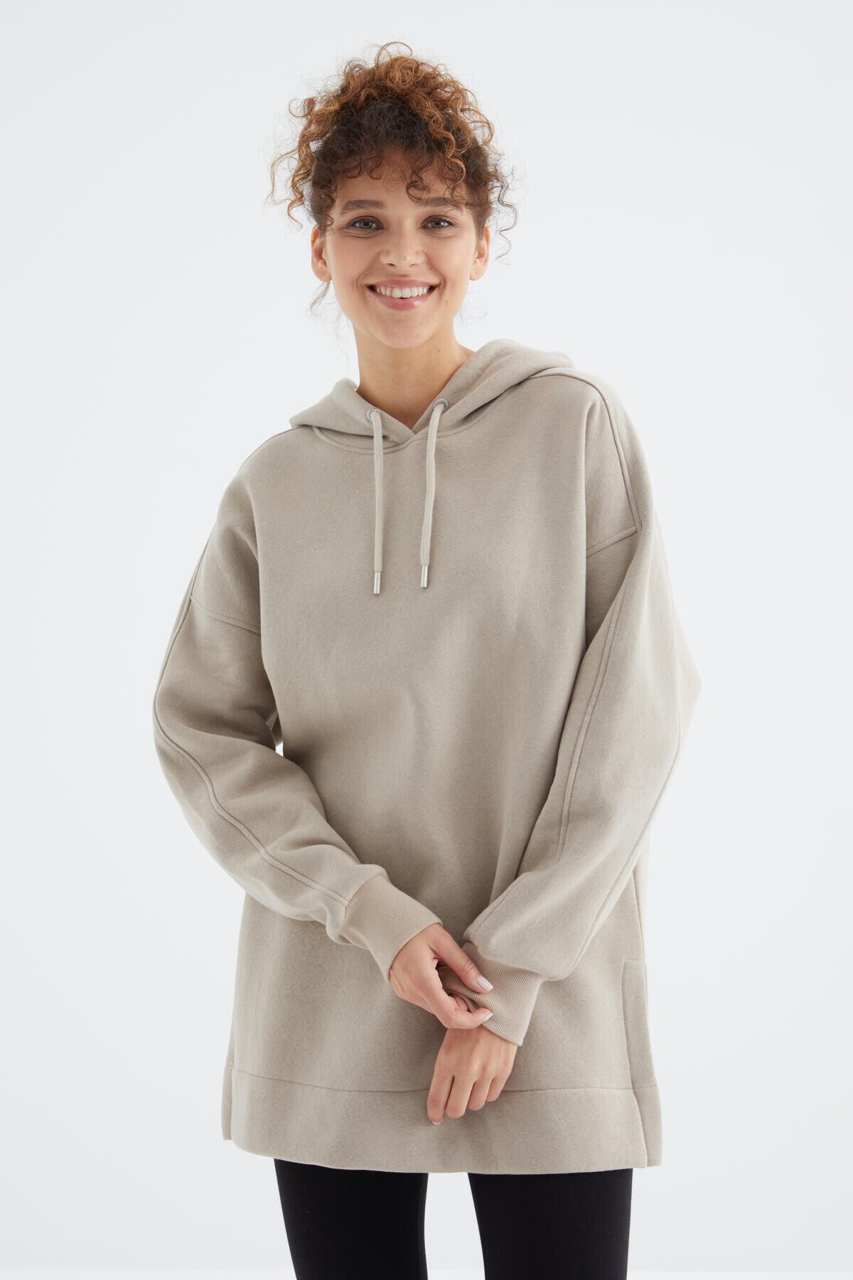 Koyu Bej Reglan Kol Basic Kapüşonlu Oversize Sweatshirt Tunik - 97242