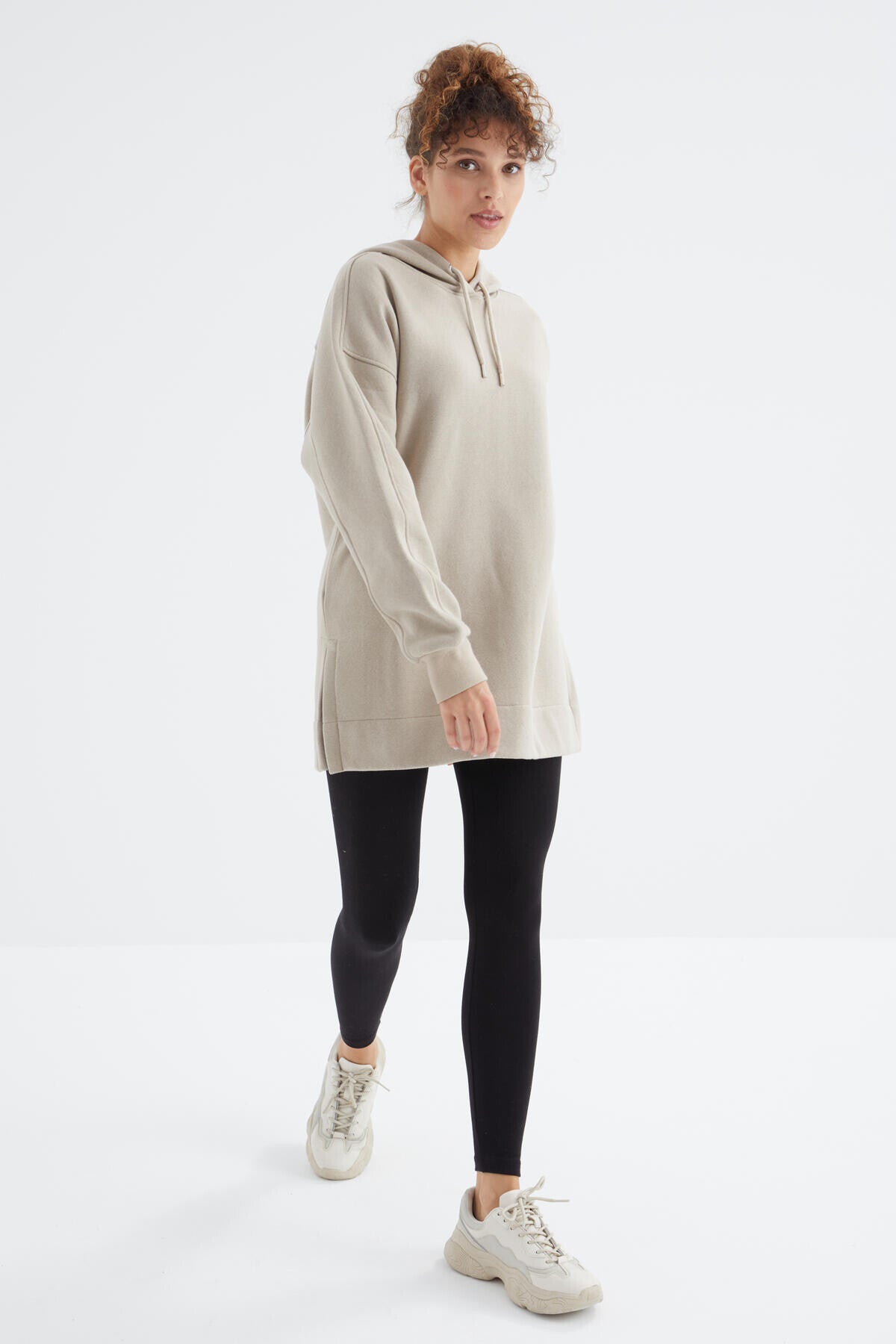 Koyu Bej Reglan Kol Basic Kapüşonlu Oversize Sweatshirt Tunik - 97242
