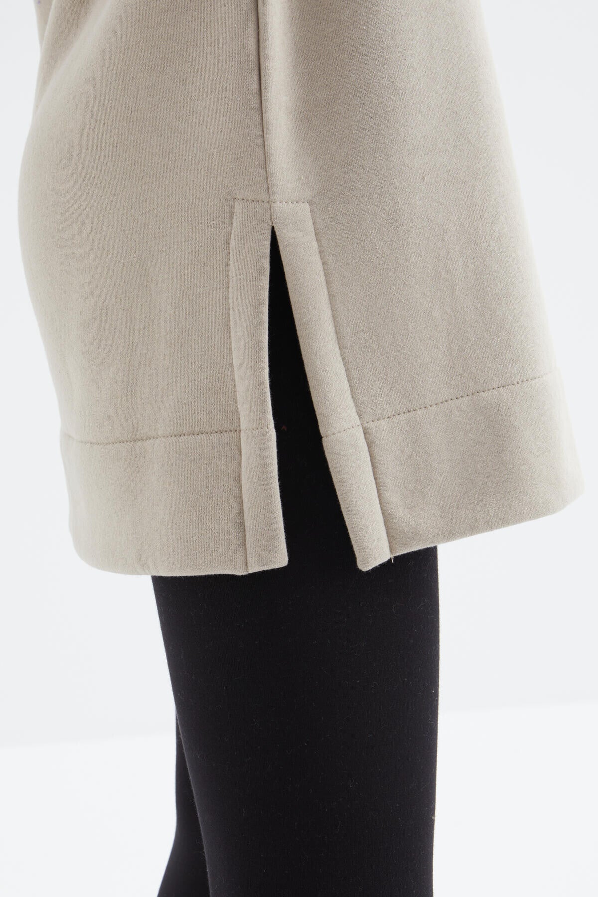 Koyu Bej Reglan Kol Basic Kapüşonlu Oversize Sweatshirt Tunik - 97242